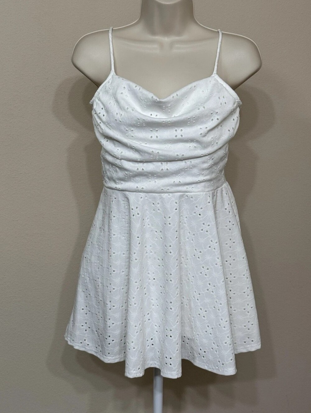 White Eyelet Cowl Neck Mini Dress with Spaghetti Straps